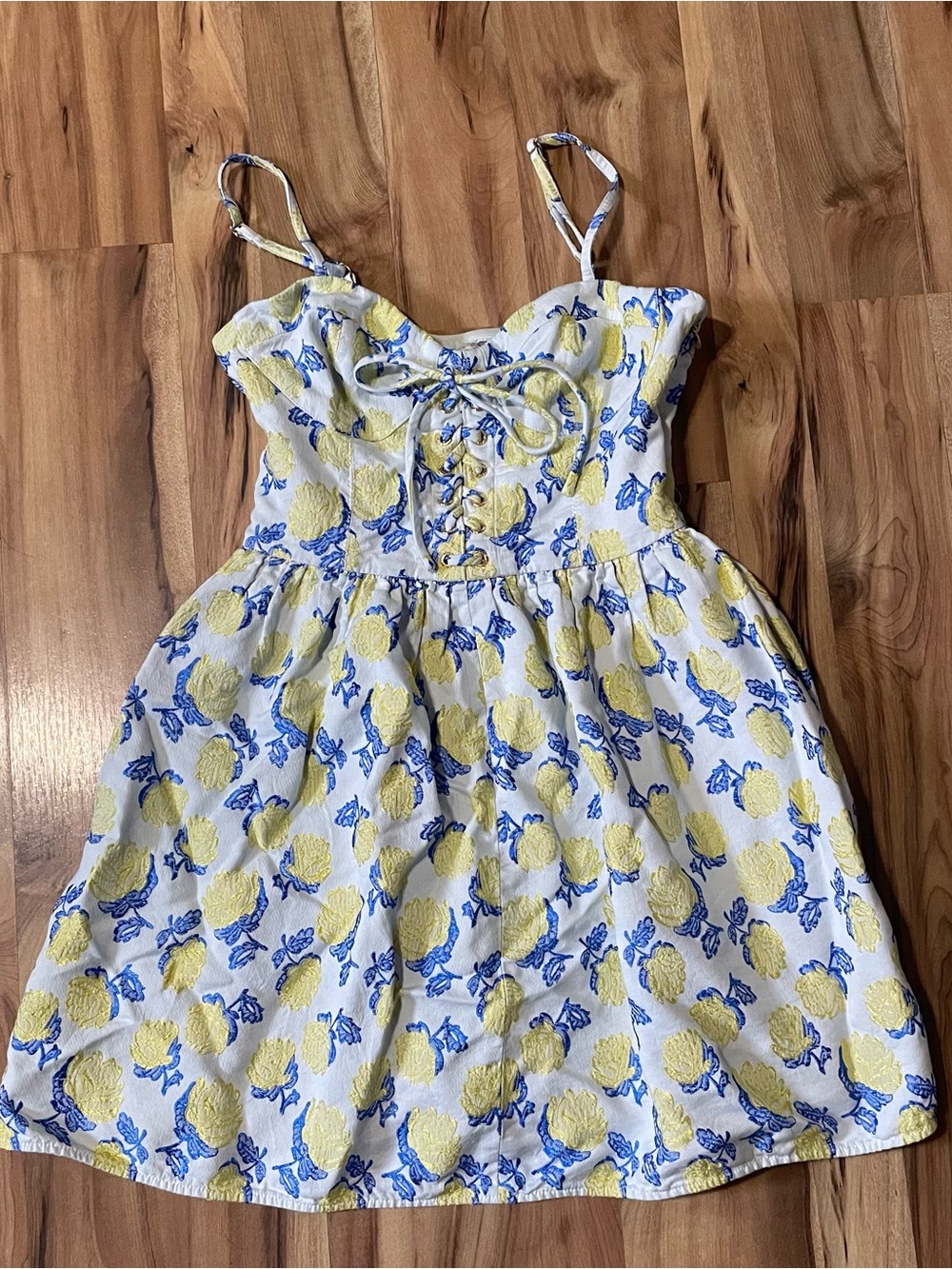 Juicy Couture Yellow Blue Floral Jacquard Corset Bustier Mini Dress Sz 6